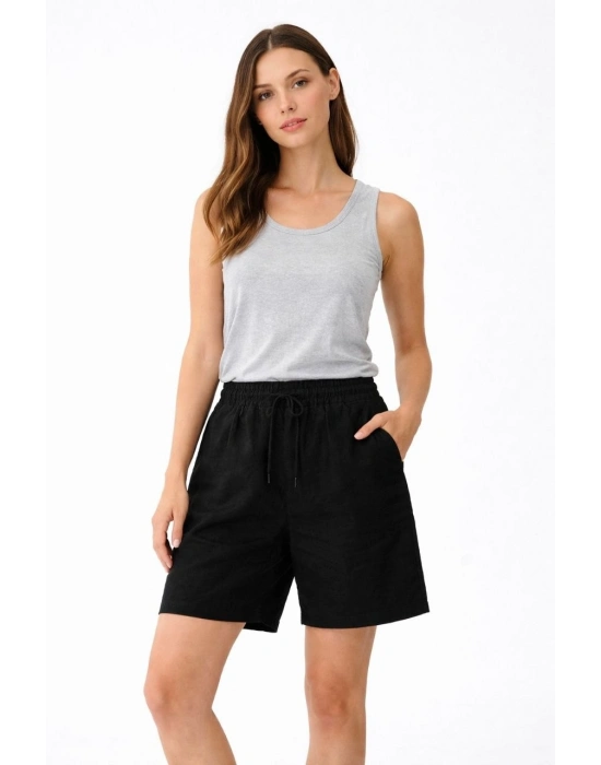 Kadın Keten Kumaş Cepli Rahat Kesim Bel Lastikli Şort - Siyah