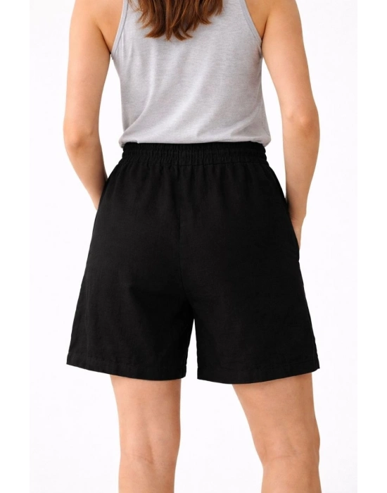 Kadın Keten Kumaş Cepli Rahat Kesim Bel Lastikli Şort - Siyah