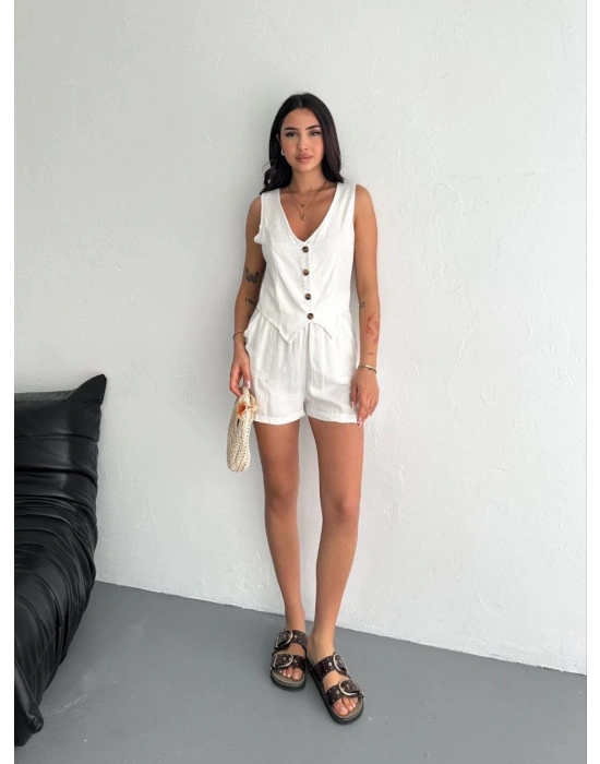 Kadın keten şort yelek takım s3461