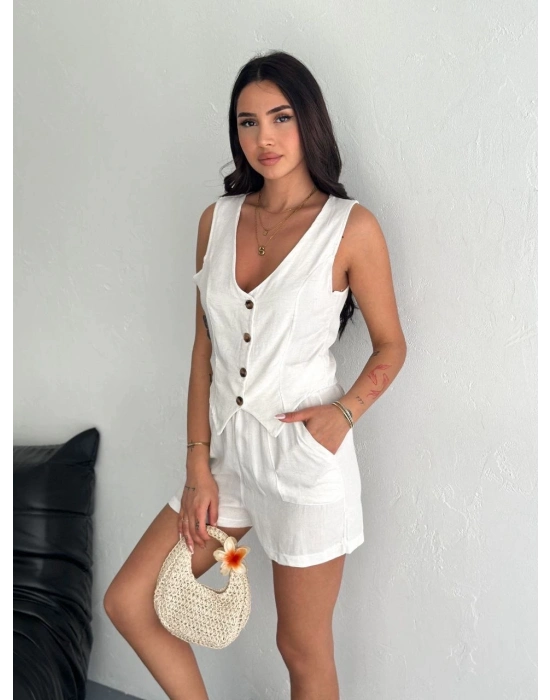 Kadın keten şort yelek takım s3461