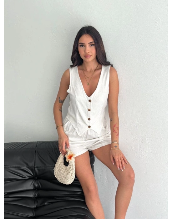 Kadın keten şort yelek takım s3461