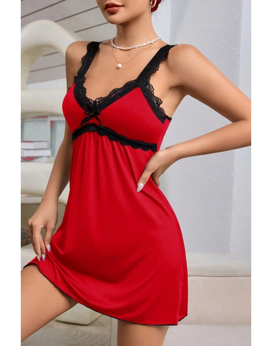 Kadın Kırmızı Dantel Asılı Fiyonk Detaylı Gecelik Takımı