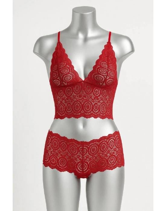 Kadın Kırmızı Dantel Bralet Şort Takımı – Tutkulu ve Çekici İç Giyim