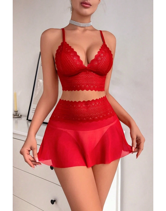 Kadın Kırmızı Dantel ve Tül Detaylı Etekli Şık Gecelik Takımı