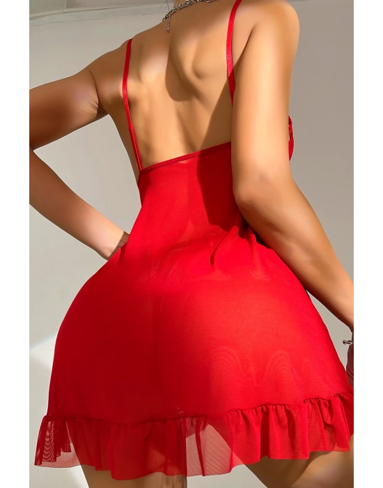 Kadın Kırmızı Dantelli, Fırfırlı Tül ve Fiyonk Detaylı Tangalı Gecelik Takımı