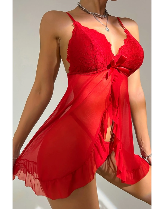 Kadın Kırmızı Dantelli, Fırfırlı Tül ve Fiyonk Detaylı Tangalı Gecelik Takımı