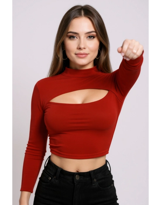 Kadın Kırmızı Göğüs Dekolteli Uzun Kollu Cut Out Crop Top Bluz – Şık, Rahat ve Kolay Kombinlenebilir