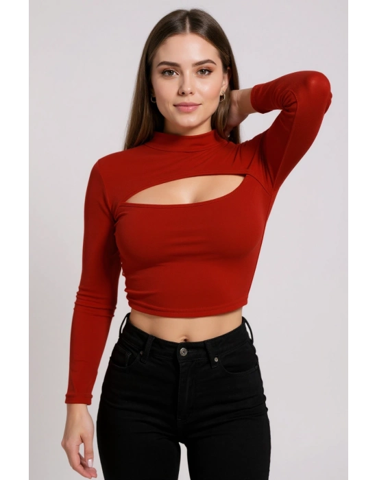 Kadın Kırmızı Göğüs Dekolteli Uzun Kollu Cut Out Crop Top Bluz – Şık, Rahat ve Kolay Kombinlenebilir