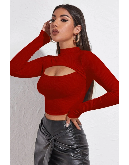 Kadın Kırmızı Göğüs Dekolteli Uzun Kollu Cut Out Crop Top Bluz – Şık, Rahat ve Kolay Kombinlenebilir
