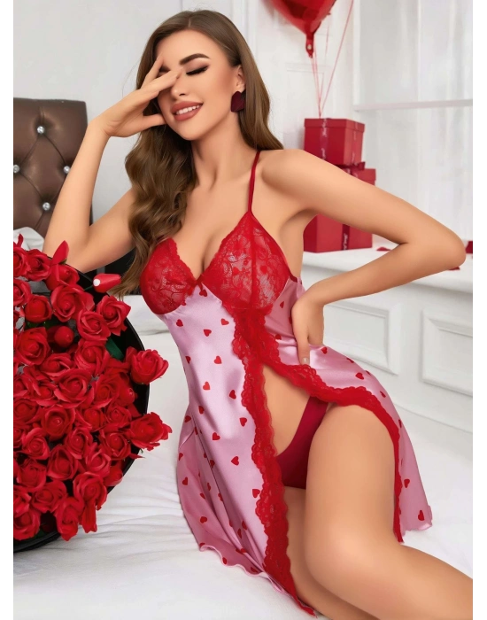 Kadın Kırmızı kalp Desenli saten Gecelik 2220