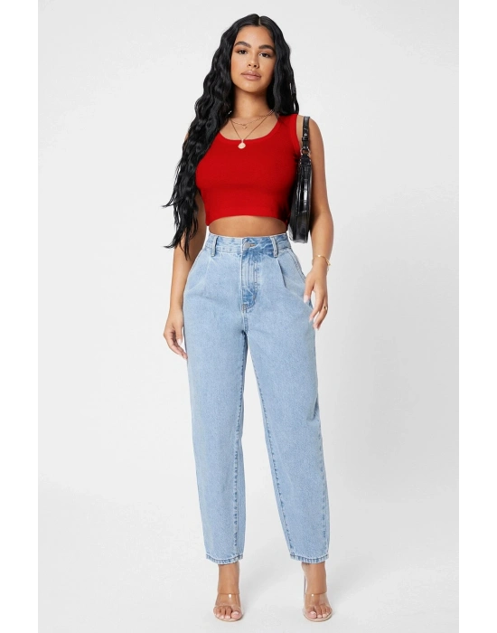 Kadın Kırmızı Kare Yaka Crop Top Bluz