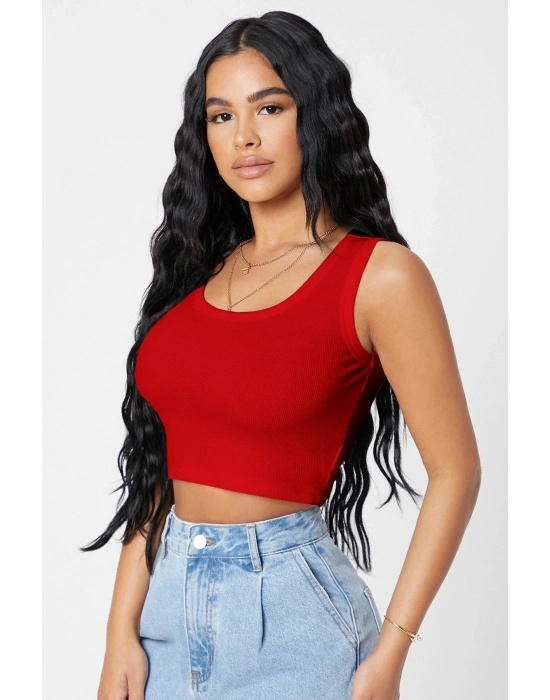 Kadın Kırmızı Kare Yaka Crop Top Bluz