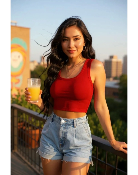 Kadın Kırmızı Kare Yaka Crop Top Bluz – Şık, Rahat ve Kolay Kombinlenebilir