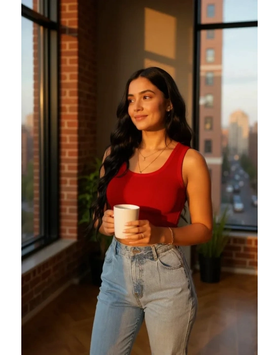 Kadın Kırmızı Kare Yaka Crop Top Bluz – Şık, Rahat ve Kolay Kombinlenebilir
