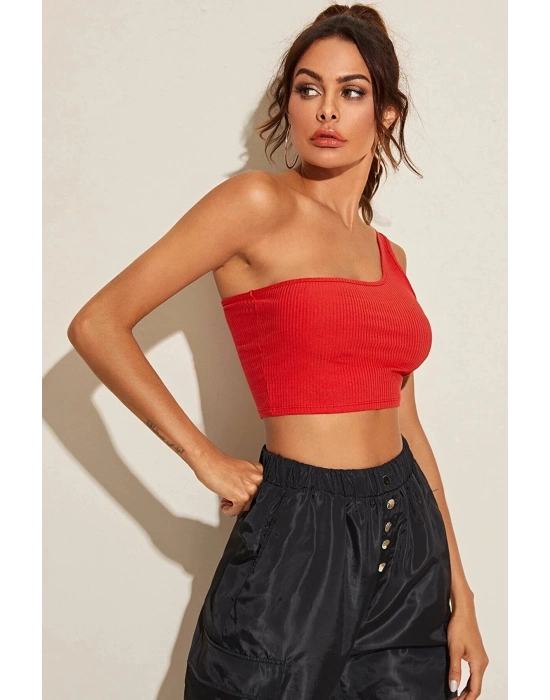 Kadın Kırmızı Tek Omuz Crop Büstiyer