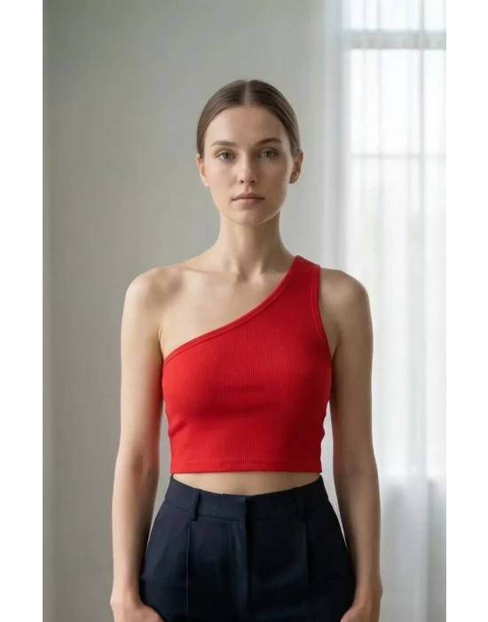 Kadın Kırmızı Tek Omuz Crop Büstiyer – Modern ve Şık Tasarım