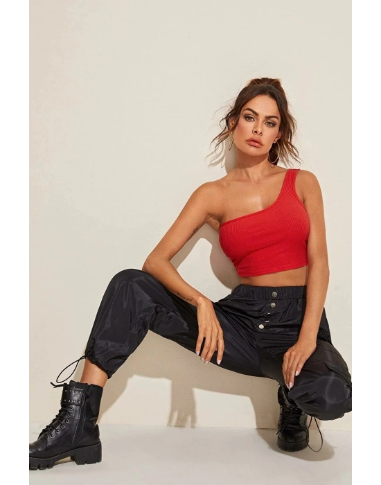 Kadın Kırmızı Tek Omuz Crop Büstiyer – Modern ve Şık Tasarım
