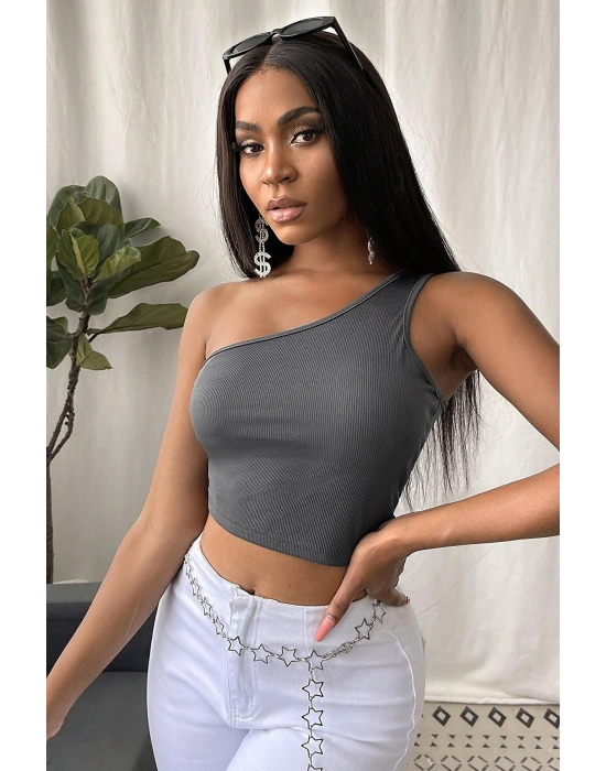 Kadın Koyu Gri Tek Omuz Crop Büstiyer – Modern ve Şık Tasarım