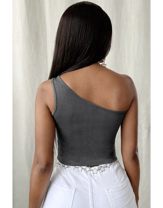 Kadın Koyu Gri Tek Omuz Crop Büstiyer – Modern ve Şık Tasarım