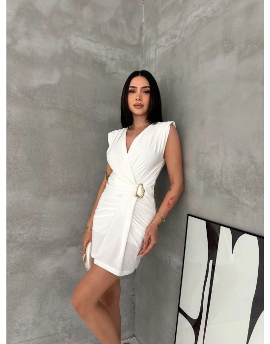 Kadın Kruvaze Drapeli Tokalı Mini Elbise Şık Gece Davet Abiye - Beyaz