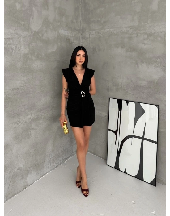 Kadın Kruvaze Drapeli Tokalı Mini Elbise Şık Gece Davet Abiye - Siyah