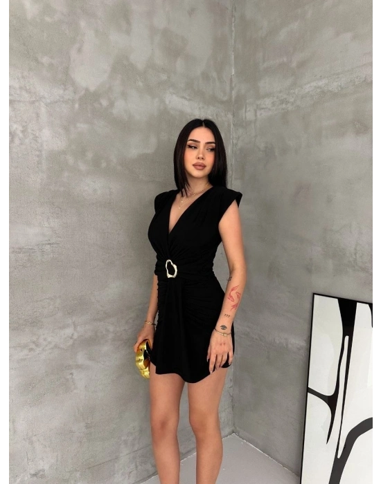 Kadın Kruvaze Drapeli Tokalı Mini Elbise Şık Gece Davet Abiye - Siyah