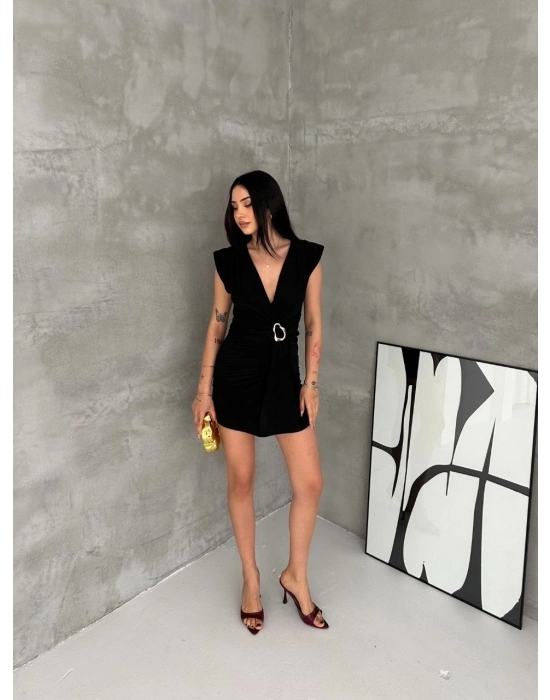 Kadın Kruvaze Drapeli Tokalı Mini Elbise Şık Gece Davet Abiye - Siyah