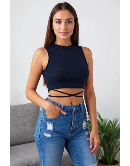 Kadın Lacivert Çapraz Bağlamalı Crop Top Büstiyer – Modern ve Şık Tasarım