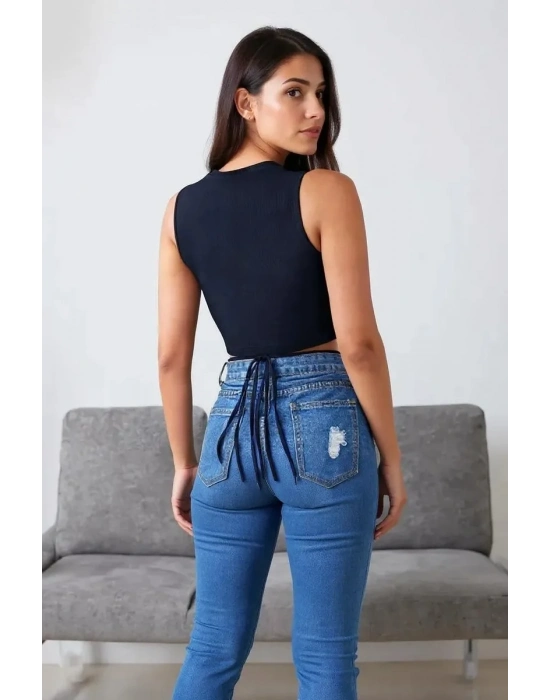 Kadın Lacivert Çapraz Bağlamalı Crop Top Büstiyer – Modern ve Şık Tasarım