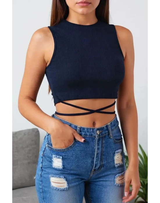 Kadın Lacivert Çapraz Bağlamalı Crop Top Büstiyer – Modern ve Şık Tasarım