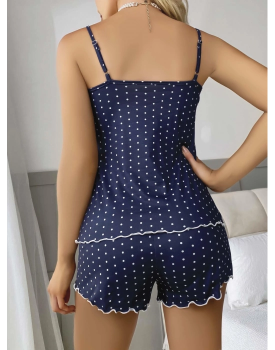 Kadın Lacivert Dantel Detaylı Beyaz Noktalı Şortlu Gecelik Pijama Takımı 5049