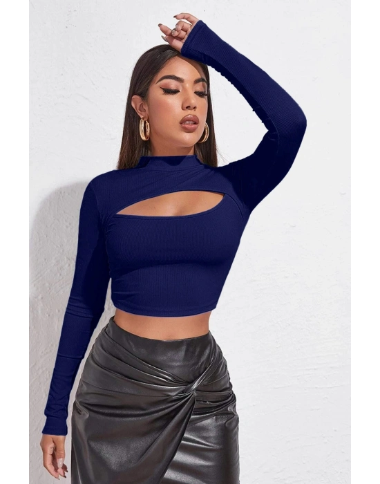 Kadın Lacivert Göğüs Dekolteli Uzun Kollu Cut Out Crop Top Bluz – Şık, Rahat ve Kolay Kombinlenebilir