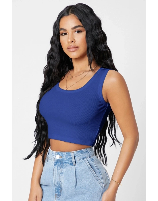 Kadın Lacivert Kare Yaka Crop Top Bluz