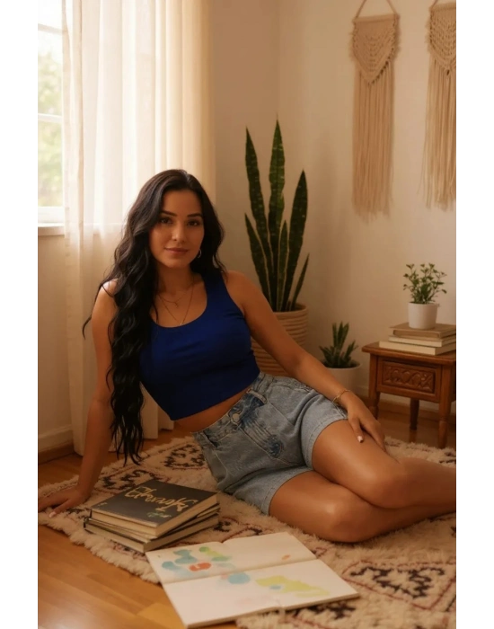 Kadın Lacivert Kare Yaka Crop Top Bluz – Şık, Rahat ve Kolay Kombinlenebilir