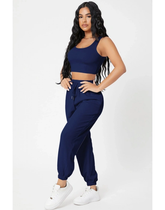 Kadın Lacivert Kaşkorse Cepli Jogger Eşofman Altı ve Crop Top Bluz