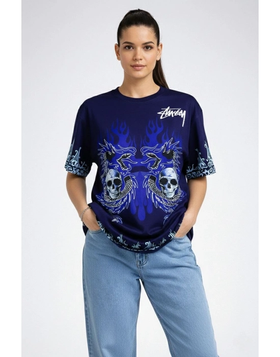 Kadın Lacivert Oversize Tişört Dragon  Kuru Kafa Baskılı Bisiklet Yaka T-Shirt - Lacivert