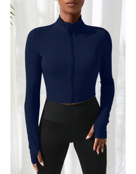 Kadın Lacivert Uzun Kol Fermuarlı Parmak Geçme Detaylı Dik Yaka Crop Top Bluz – Şık, Rahat ve Kolay Kombinlenebilir