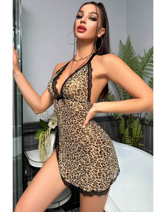 Kadın Leopar Desenli Derin V Yaka Dantel Detaylı Yırtmaçlı Gecelik