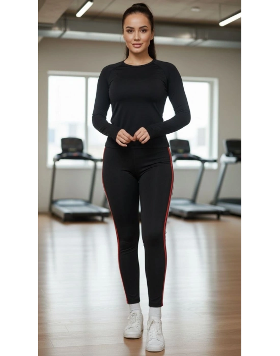 Kadın Likralı Penye Yanı Kırmızı Beyaz Şeritli Dar Kalıp Spor Tayt - Siyah
