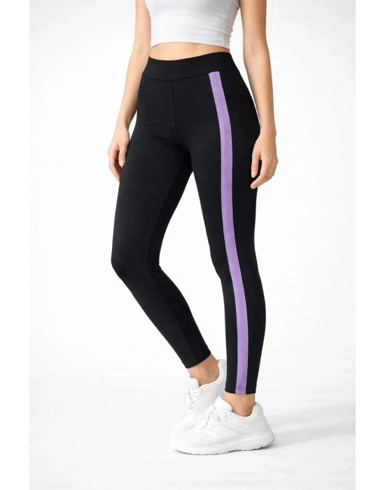 Kadın Likralı Yan Lila Şeritli Detaylı Tayt - Siyah