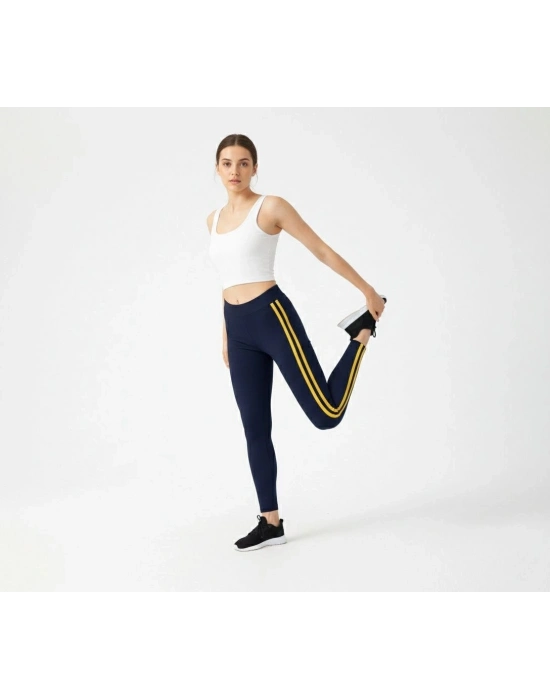 Kadın Likralı Yan Sarı Şeritli Detaylı Tayt - Siyah