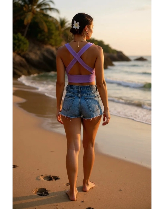 Kadın Lila Çapraz Sırt Detaylı Şık Crop Top Büstiyer