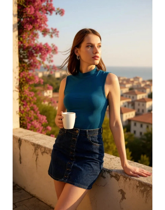 Kadın Mavi Kolsuz Balıkçı Yaka Basic Bluz