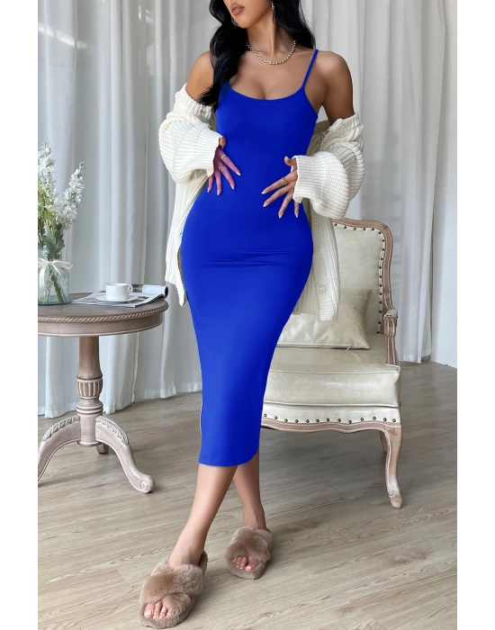 Kadın Mavi Yırtmaçlı Diz Altı Vücüdu Saran Gecelik