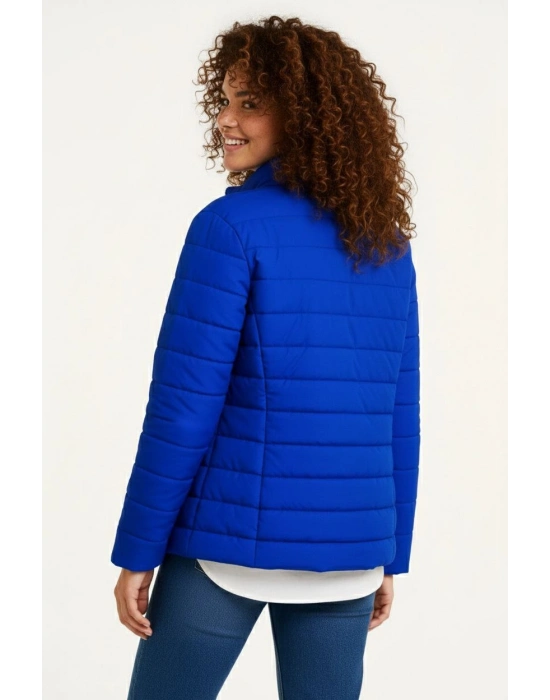 Kadın Mikro Su İtici Kapitone Baskılı Astarlı Fermuarlı Bomber Mont - Saks Mavisi