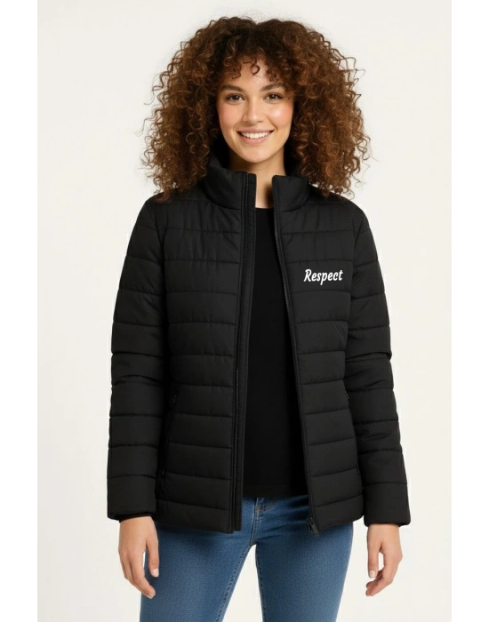 Kadın Mikro Su İtici Kapitone Baskılı Astarlı Fermuarlı Bomber Mont - Siyah