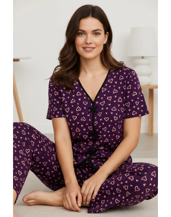 Kadın Mor Kalp Desenli Fiyonklu Kısa Kollu Uzun Pijama Takımı