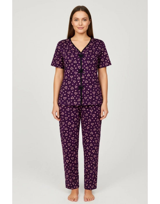 Kadın Mor Kalp Desenli Fiyonklu Kısa Kollu Uzun Pijama Takımı