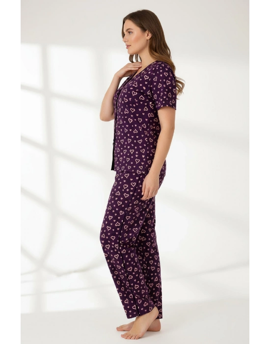 Kadın Mor Kalp Desenli Fiyonklu Kısa Kollu Uzun Pijama Takımı