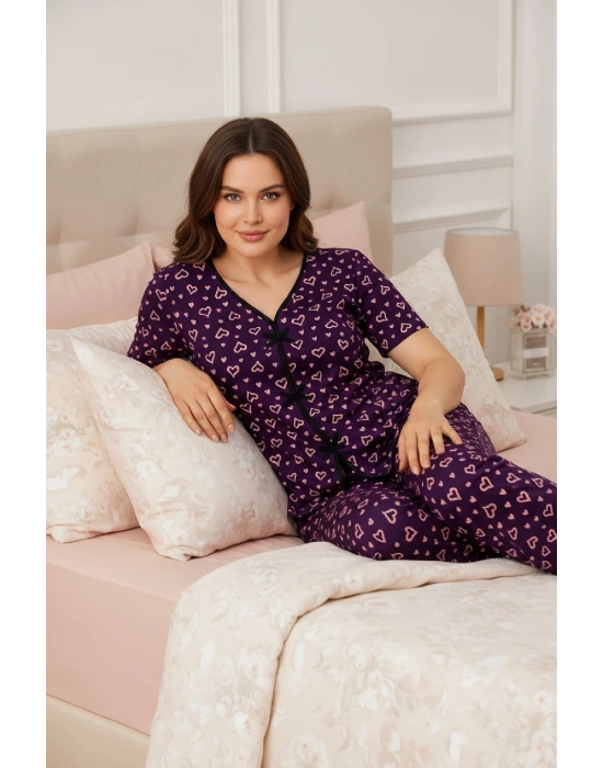 Kadın Mor Kalp Desenli Fiyonklu Kısa Kollu Uzun Pijama Takımı